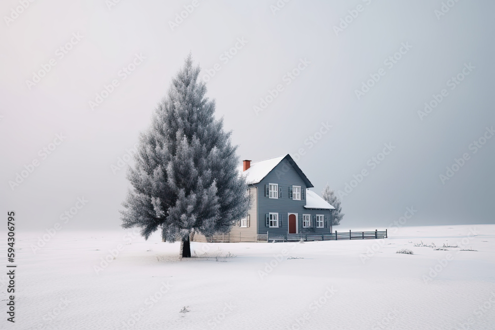 Naklejka premium Minimalist illustration of a cottage amidst snow and a single tree during winter or Christmas. Generative Ai.