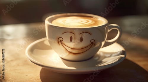 View of a coffee cup with a happy face drawn on cream. Generative ai