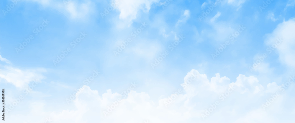 The sky has the light of the sun, the sky is blue, there are small and large clouds alternating and moving slowly. Cloudscape - Blue sky and white clouds. Vector illustrator - obrazy, fototapety, plakaty 