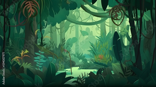 Journey through the Enchanting Fantasy Jungle: a flat design illustration, AI Generative