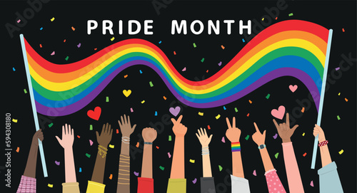 People hold hands up Celebrates LGBT pride month on black background. Illustration, Poster, Vector , Background or wallpaper.   