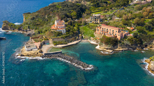 Aerial view of the Gaiola beach. It is located within the Underwater Park of Gaiola, a protected marine reserve, in the Posillipo district, in Naples, Italy. It overlooks the Tyrrhenian Sea. photo