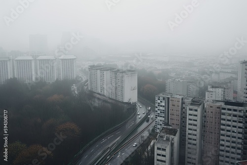 Misty cityscape on a grey, rainy day, showcasing the contrast between the natural elements and the man-made environment - Generative AI