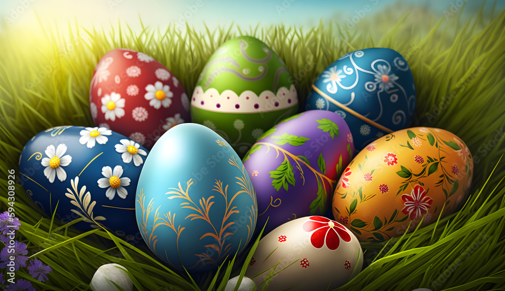 A collection of painted easter eggs celebrating a Happy Easter on a spring day A collection of painted easter eggs celebrating a Happy Easter on a spring day