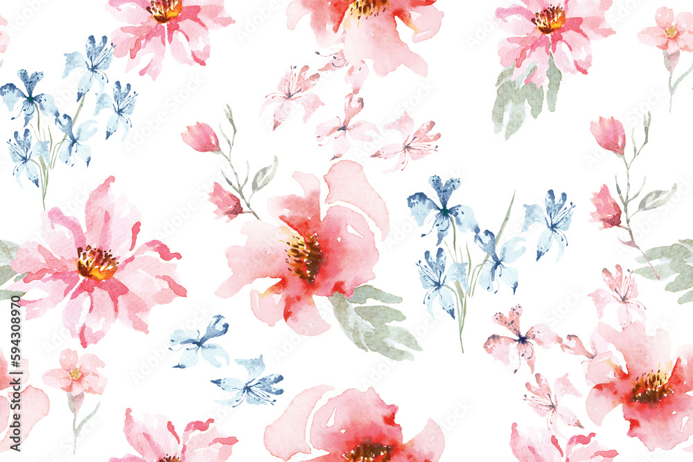 Seamless pattern of rose and orchid painted in watercolor on pastel background.For fabric luxurious and wallpaper, vintage style.Botanical floral pattern illustration.Wild flower pattern background.