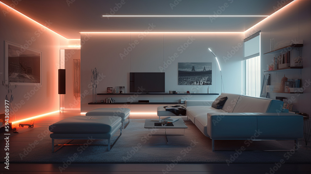 Modern living room with neon lighting. Generative AI. Modern living room with neon lighting. Generative AI.