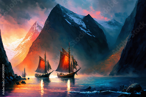 viking boats on the sea photo