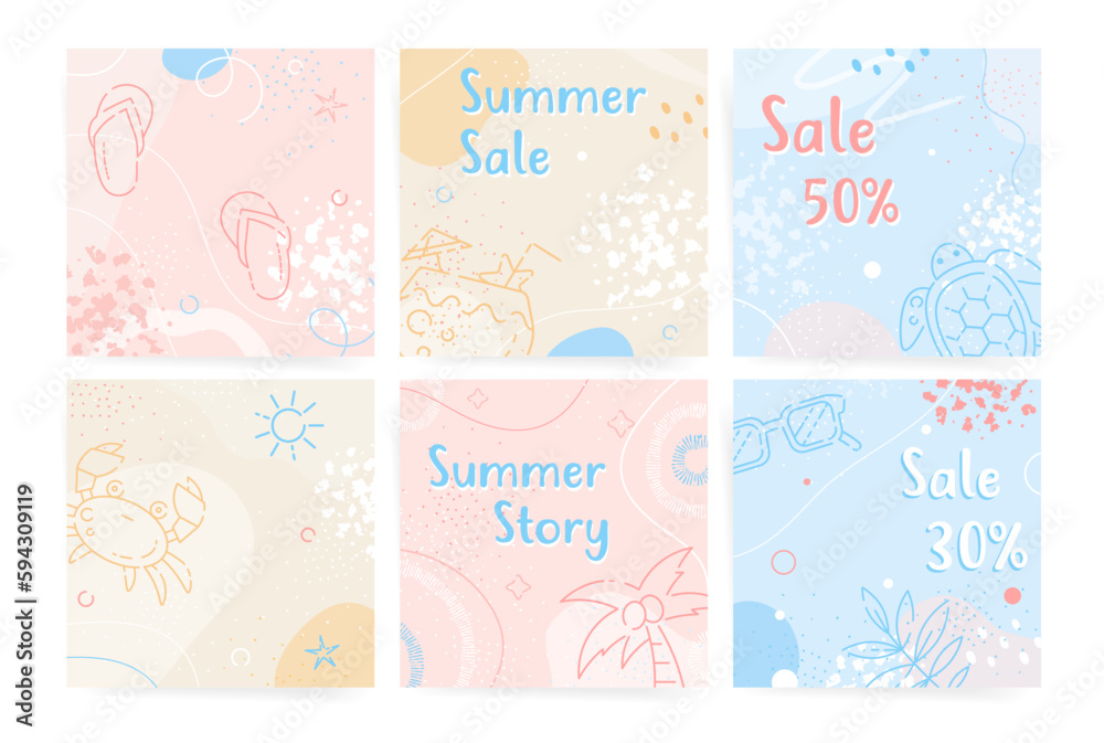 Set of summer sale square posters backgrounds for tropical, floral, vacation, sea and beach style posters, posts, banners. Seasonal summer seaside beach party vector background for discount coupons.