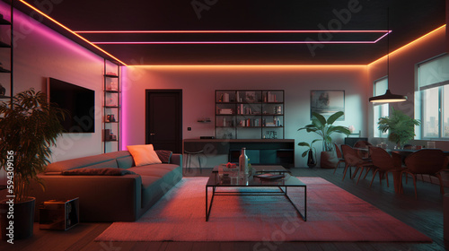 Modern living room with neon lighting. Generative AI. © Absent Satu