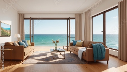 Living room with a view of the ocean, generative ai © progressman