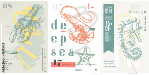 Steampunk shrimp and fish. Engraving style. Typography posters design. Simple pencil drawing. Set of flat vector illustrations. Print, banner, label, cover or t-shirt.