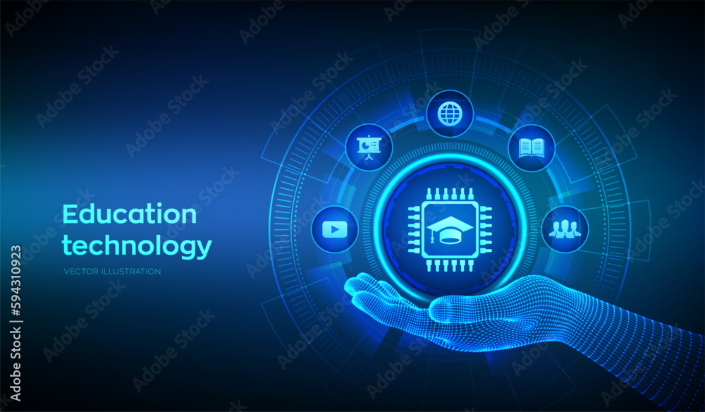 Education technology icon in wireframe hand. Edtech. Innovative online e-learning concept on virtual screen. Webinar, knowledge, online training courses. Skill development. Vector illustration. Education technology icon in wireframe hand. Edtech. Innovative online e-learning concept on virtual screen. Webinar, knowledge, online training courses. Skill development. Vector illustration.
