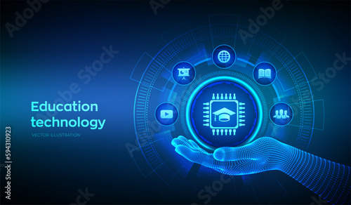 Education technology icon in wireframe hand. Edtech. Innovative online e-learning concept on virtual screen. Webinar, knowledge, online training courses. Skill development. Vector illustration.