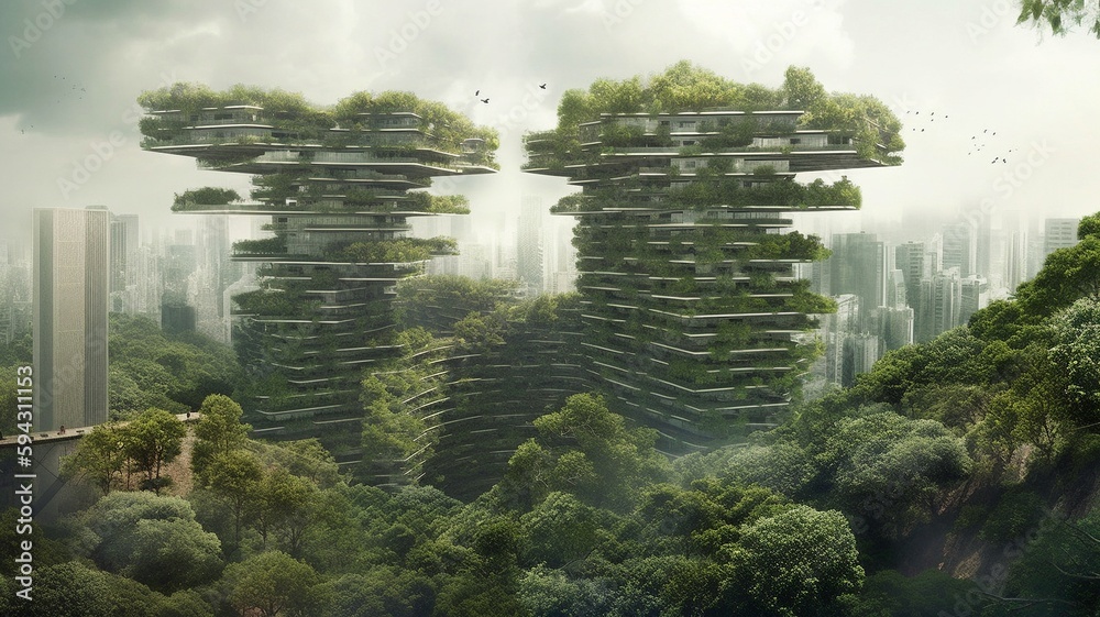 The green future city. The future city. city and nature living in harmony. In the major city, it is sunny. The AI Generative