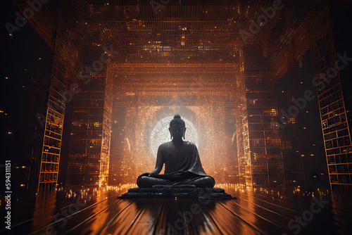 Generative AI image of meditating Buddha statue with orange neon lights in digital dark tunnel photo