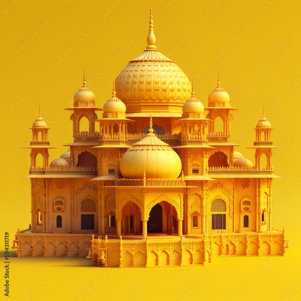 3d illustration golden, Taj Mahal, India,  on yellow bright background