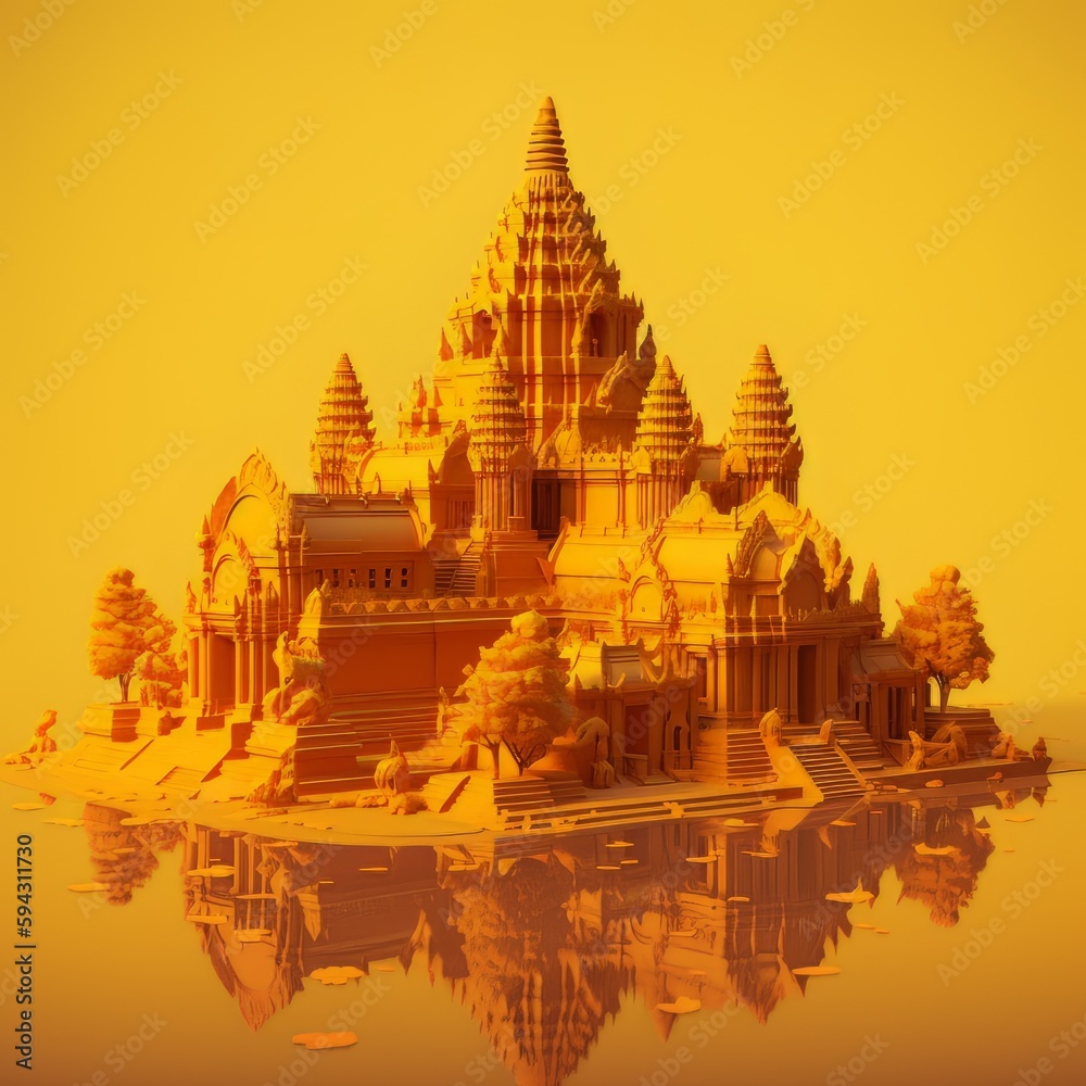 3d illustration golden, Angkor Wat, Machu Picchu., Temple in Siem Reap, Cambodia,  on yellow bright background