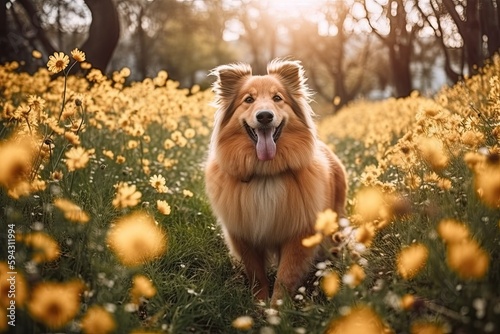 Happy dog enjoying a springtime walk in a vibrant, blooming park, highlighting the simple happiness found in nature - Generative AI