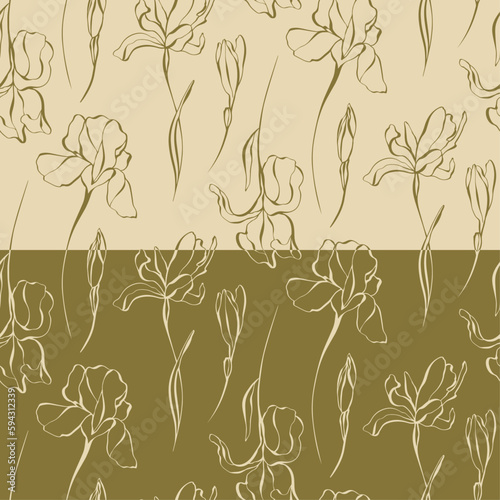 Modern floral seamless pattern with hand-sketched iris flowers. Elegant botanical vector illustration. Iris patterns in earthy tones.