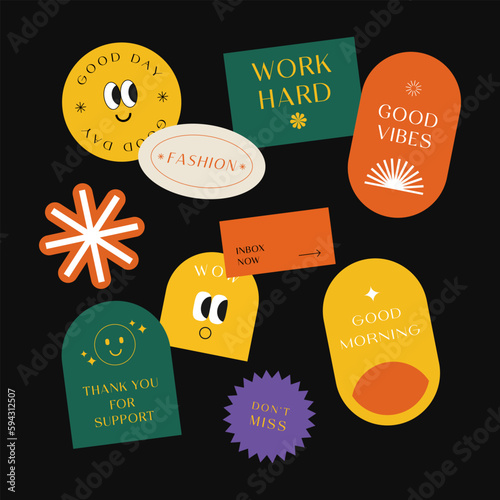 Sicker Pack. Collection of trendy stickers, labels, patches, tags. Retro style. Vector illustration.