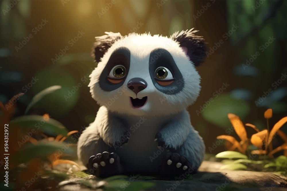 Super Cute little baby Panda bear in the forest. Funny small cartoon character with big eyes. 3D illustration.