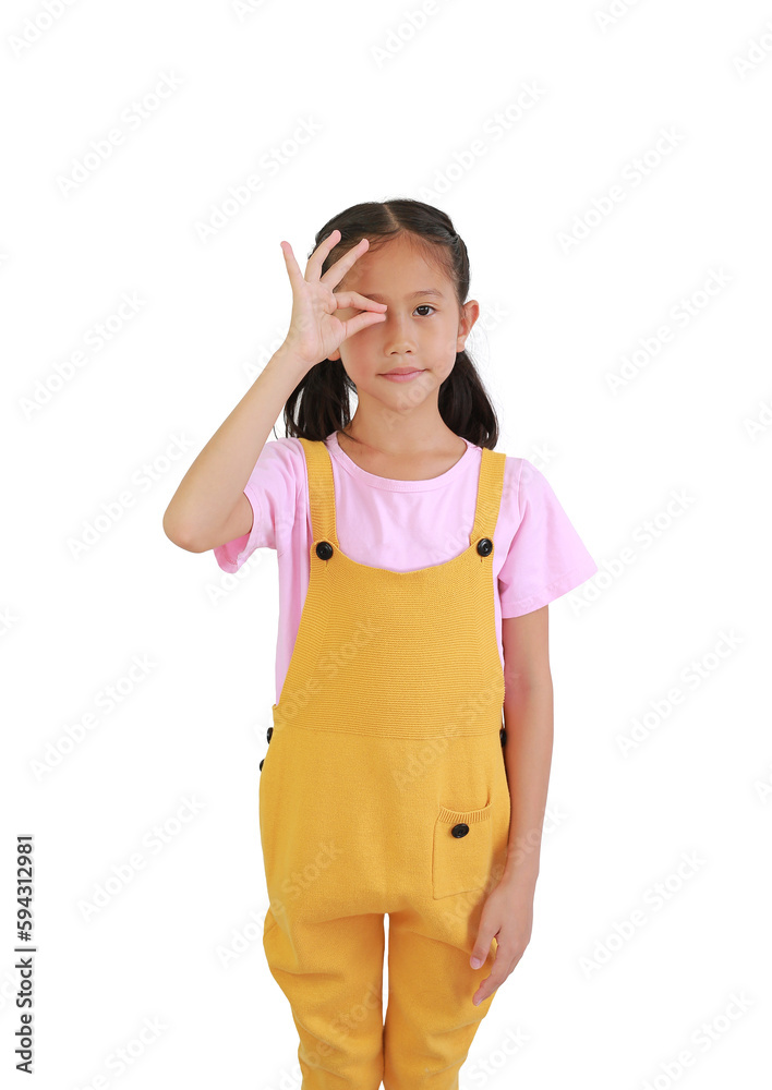 Portrait of Asian little girl kid with fingers hanging something blank on eye isolated on white background. Portrait of Asian little girl kid with fingers hanging something blank on eye isolated on white background.