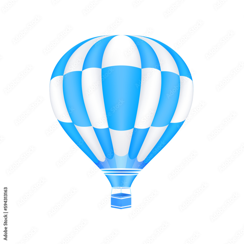 Hot air balloon blue white stripes. Aerostat isolated on white background. Balloon festival. 3D realistic vector EPS10 illustration. Hot air balloon blue white stripes. Aerostat isolated on white background. Balloon festival. 3D realistic vector EPS10 illustration.