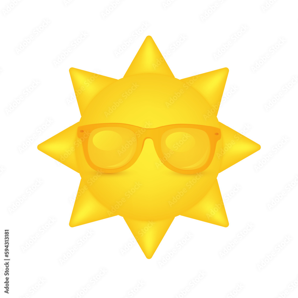 Emoji or emoticon yellow sun faces wearing sunglasses. Cute happy and surprise with shades isolated in white background. Cartoon minimal style. Summer concept. Icon 3d vector illustration. Emoji or emoticon yellow sun faces wearing sunglasses. Cute happy and surprise with shades isolated in white background. Cartoon minimal style. Summer concept. Icon 3d vector illustration.