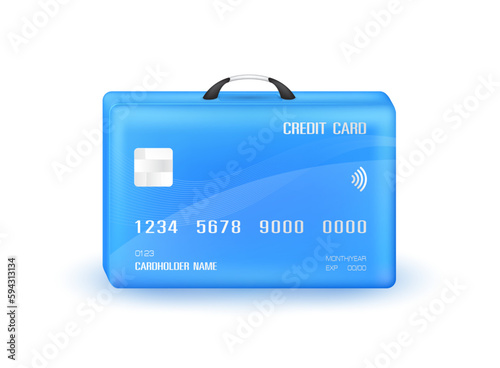 Travel with credit cards. Credit card suitcase blue on white background. Special privileges buy pay transfer money locally abroad all over the world. Transport concept. 3D Vector.