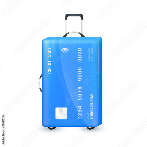 Travel with credit cards. Credit card suitcase blue on white background. Special privileges buy pay transfer money locally abroad all over the world. Transport concept. 3D Vector.