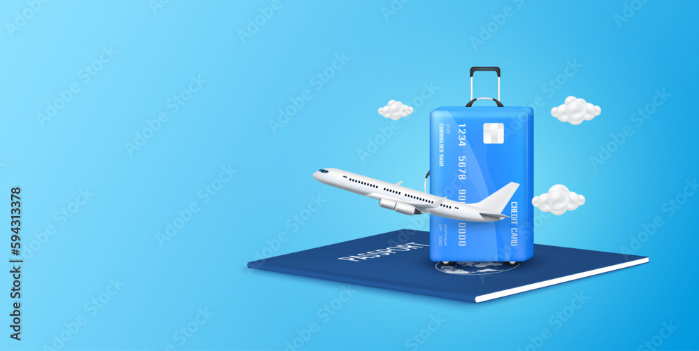 Travel with credit card. Credit card luggage blue on passport with airplane is taking off. Special privileges buy pay transfer money locally abroad all over the world. Transport concept. 3D Vector. Travel with credit card. Credit card luggage blue on passport with airplane is taking off. Special privileges buy pay transfer money locally abroad all over the world. Transport concept. 3D Vector.