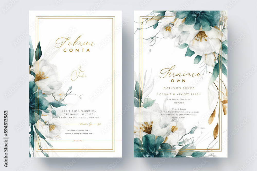 wedding invitation, thank you card, rsvp, details,menu,welcome,boho DIY minimal template design with watercolor greenery leaf and branch, watercolor invitation, beautiful floral wreath. Generative AI
 - obrazy, fototapety, plakaty 