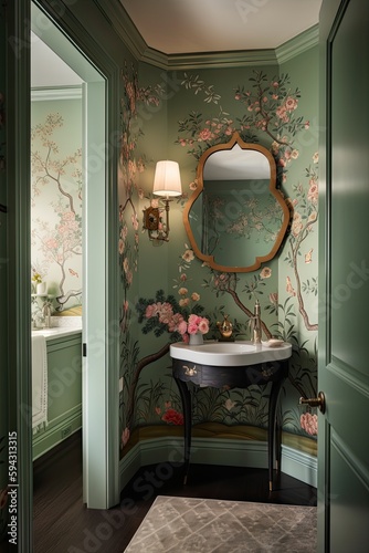 Beautiful Chinoiseries Powder Room with Floral Wallpaper Interior Design, ai generative