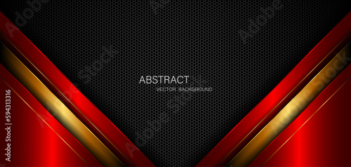 Abstract red and gold polygon with golden lines on dark steel mesh background with empty space for design. modern technology innovation concept background	
