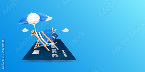 Deck chair umbrella and luggage, air ticket passport on credit card. Copy space for text. Travel with credit card. Special privileges buy pay transfer money locally abroad all over the world. Vector.