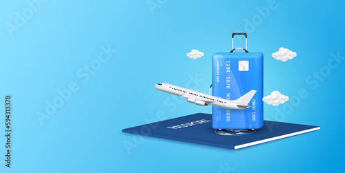 Travel with credit card. Credit card luggage blue on passport with airplane is taking off. Special privileges buy pay transfer money locally abroad all over the world. Transport concept. 3D Vector.