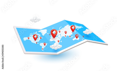 Positioning pins red on world map paper blue. Isolated on white background. Travel transport concept. 3D Vector EPS10. For advertising media about tourism.