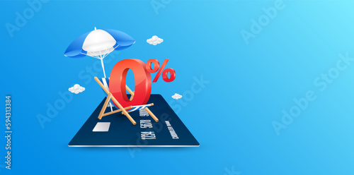 Red 0% text in deck chair, umbrella on credit card. Zero percent for special offer. Travel with credit card. Privileges buy pay transfer money all over the world. Financial business concept. 3D vector