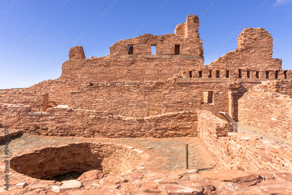 Kiva and mission wall at Abo Ruins, Salinas Pueblo Missions National Monument, New Mexico
