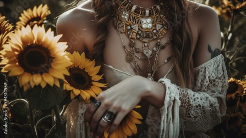 close-up of a woman with boho-style dress and jewels, standing between sunflowers - ai-generated © Nicola