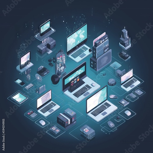 Illustration Cloud technology, computing. Devices connected to digital storage in the data center via the Internet, IOT, Smart Home Communication. Generative AI