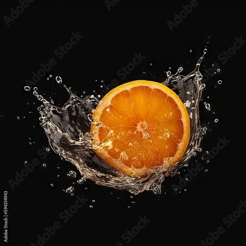Orange fruits slice with water splash, black background. Generated ai