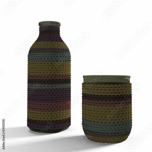 Closeup shot of two flowerpots with colorful weaved decorations on them