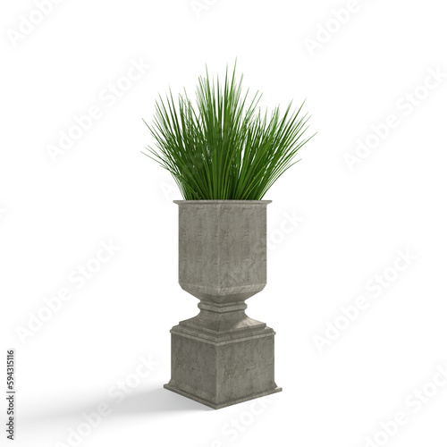 Closeup shot of an outdoor stone flowerpot with a green plant on a white background