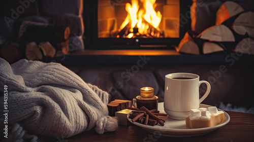 Cozy winter scene with fireplace and hot cocoa and winter related things