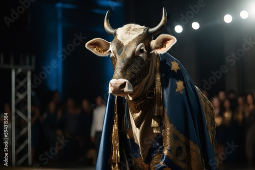 Cow on the runway for a fashion show, dressed in the latest fashion clothing. Cow fashion week. Generative AI