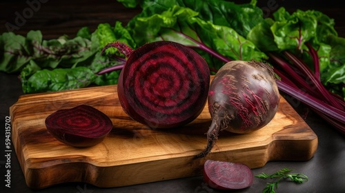 Fresh Beets on a wooden chopping board, Generative AI