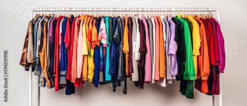 Fashion clothes on clothing rack - bright colorful closet. Closeup of rainbow color choice of trendy female wear on hangers in store closet or spring cleaning concept. Summer home wardrobe. 