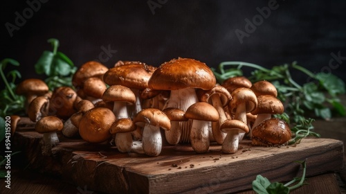 Fresh Mushrooms on a wooden chopping board, Generative AI