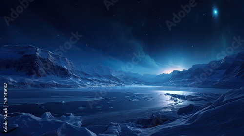 aurora borealis over the mountains, The night sky and white snow cover the broken ice lake